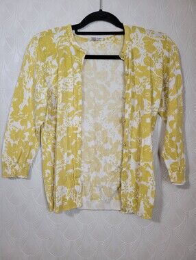 Halogen Women’s Sweater Cardigan Lightweight Mustard Yellow White Floral Small